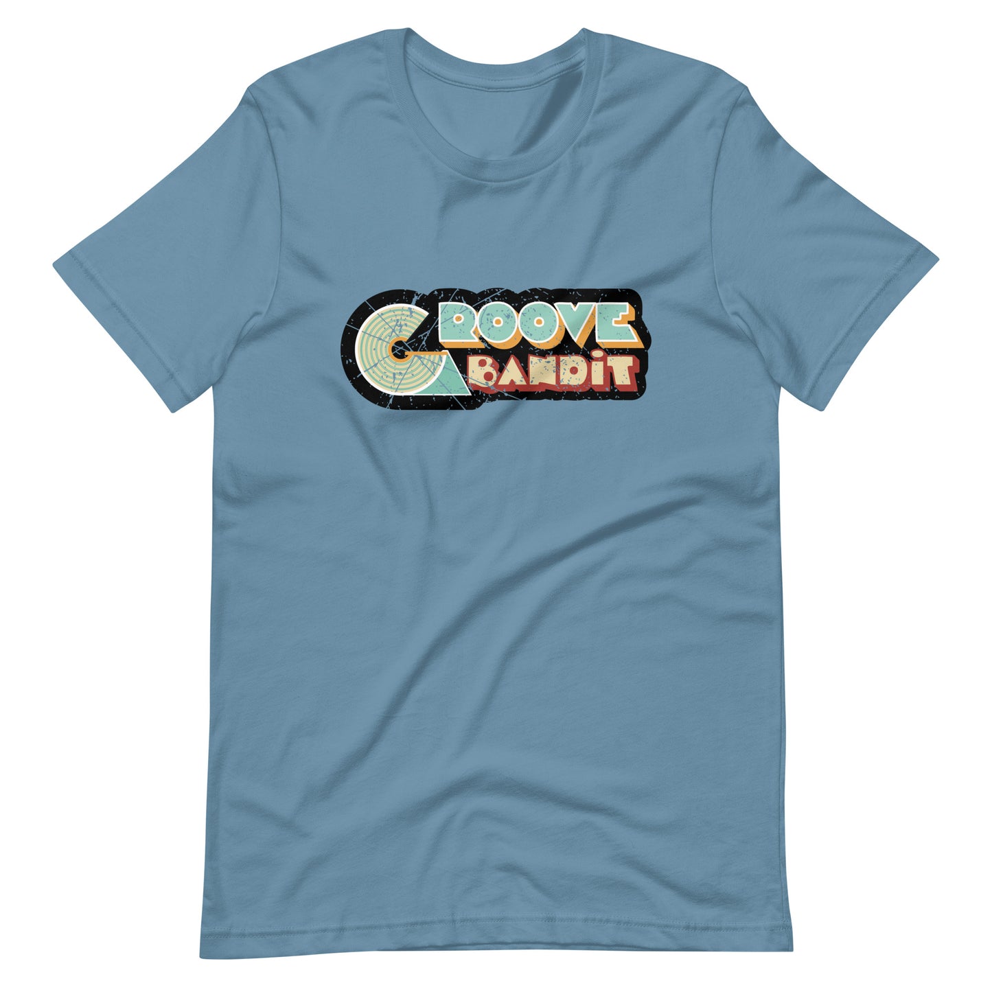 Groove Bandit Vintage Vinyl graphic T-shirt. Front view of an open steel blue colour t-shirt with a vintage look graphic that says Groove Bandit.