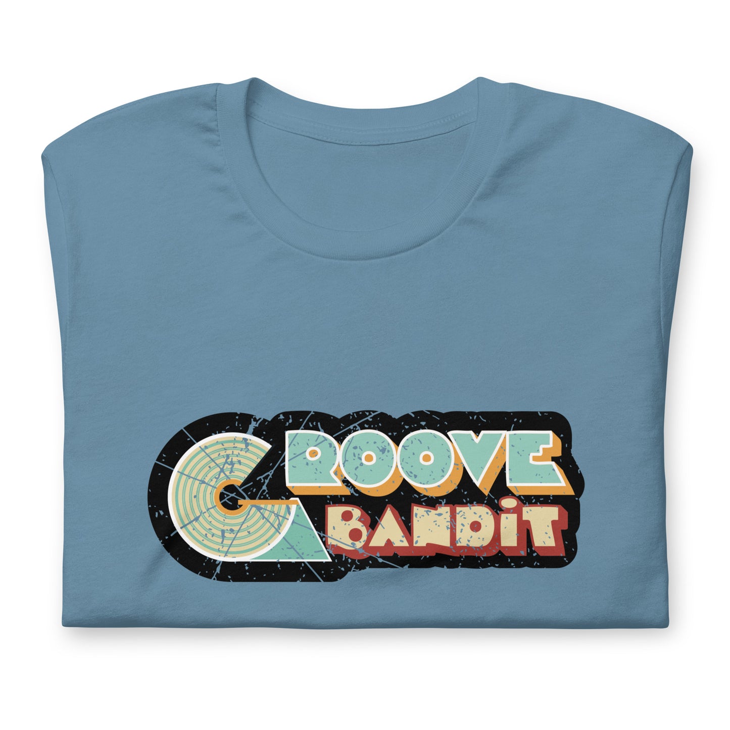 Groove Bandit Vintage Vinyl graphic T-shirt. Front view of folded blue colour t-shirt with a vintage look graphic that says Groove Bandit.