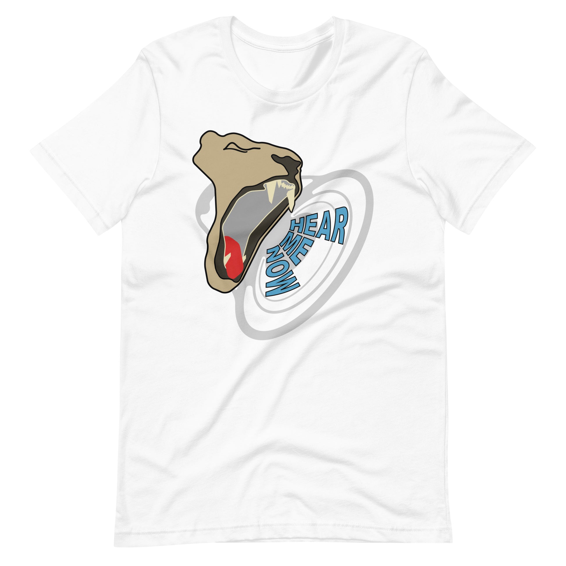 Hear me now Roaring lion graphic T-shirt. Front view of open white t-shirt with a colour graphic of a roaring lion.