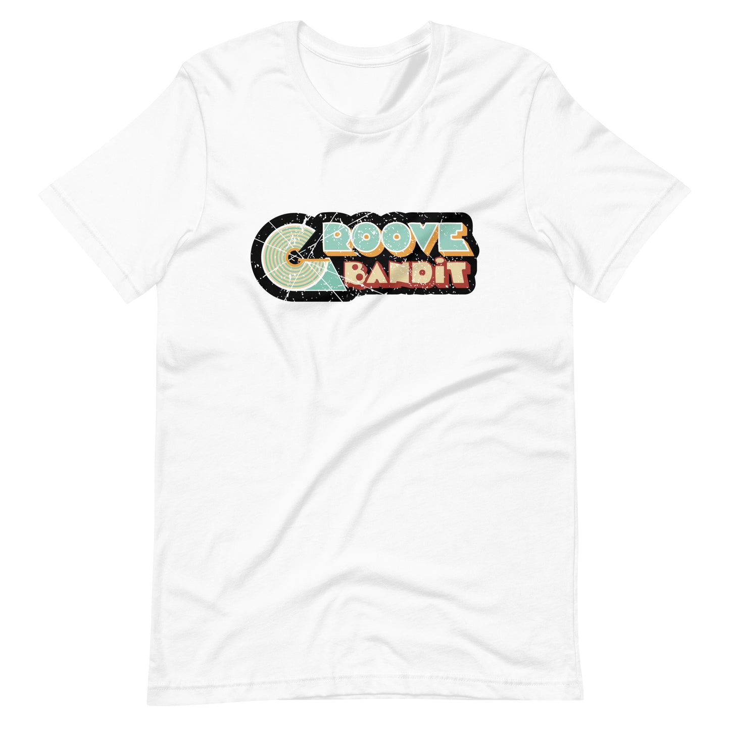 Groove Bandit Vintage Vinyl graphic T-shirt. Front view of an open white t-shirt with a vintage look graphic that says Groove Bandit.