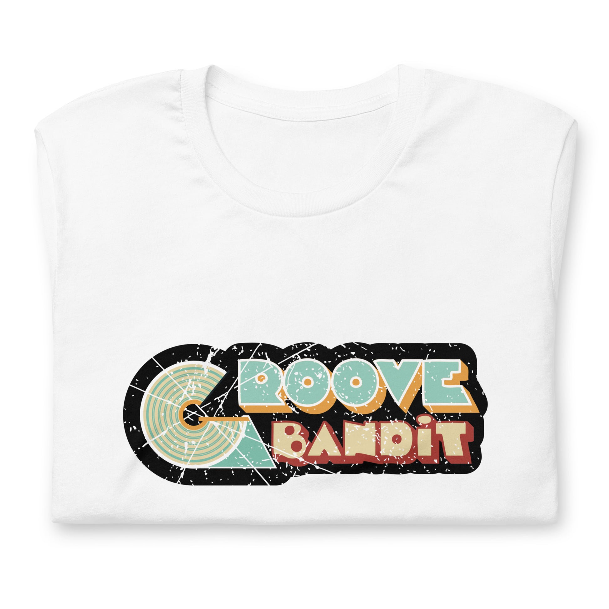 Groove Bandit Vintage Vinyl graphic T-shirt. Front view of folded  white t-shirt with a vintage look graphic that says Groove Bandit.