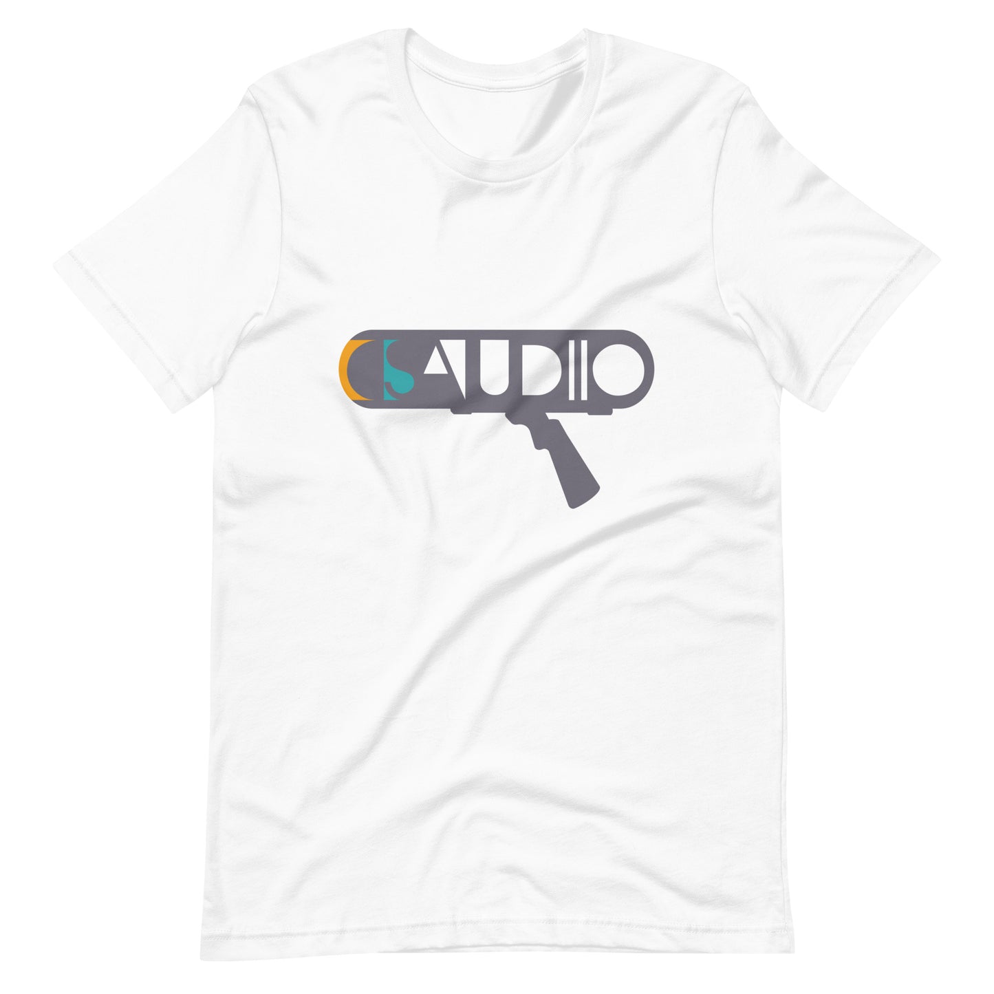 Boom Mic Shotgun graphic T-shirt. Front view of open white t-shirt with a graphic of boom microphone.