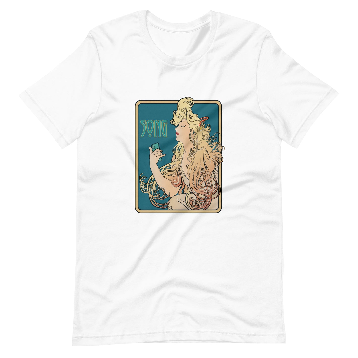 Nouveau Song Mucha Style graphic t-shirt. Front view of white t-shirt with Art Nouveau type graphic.