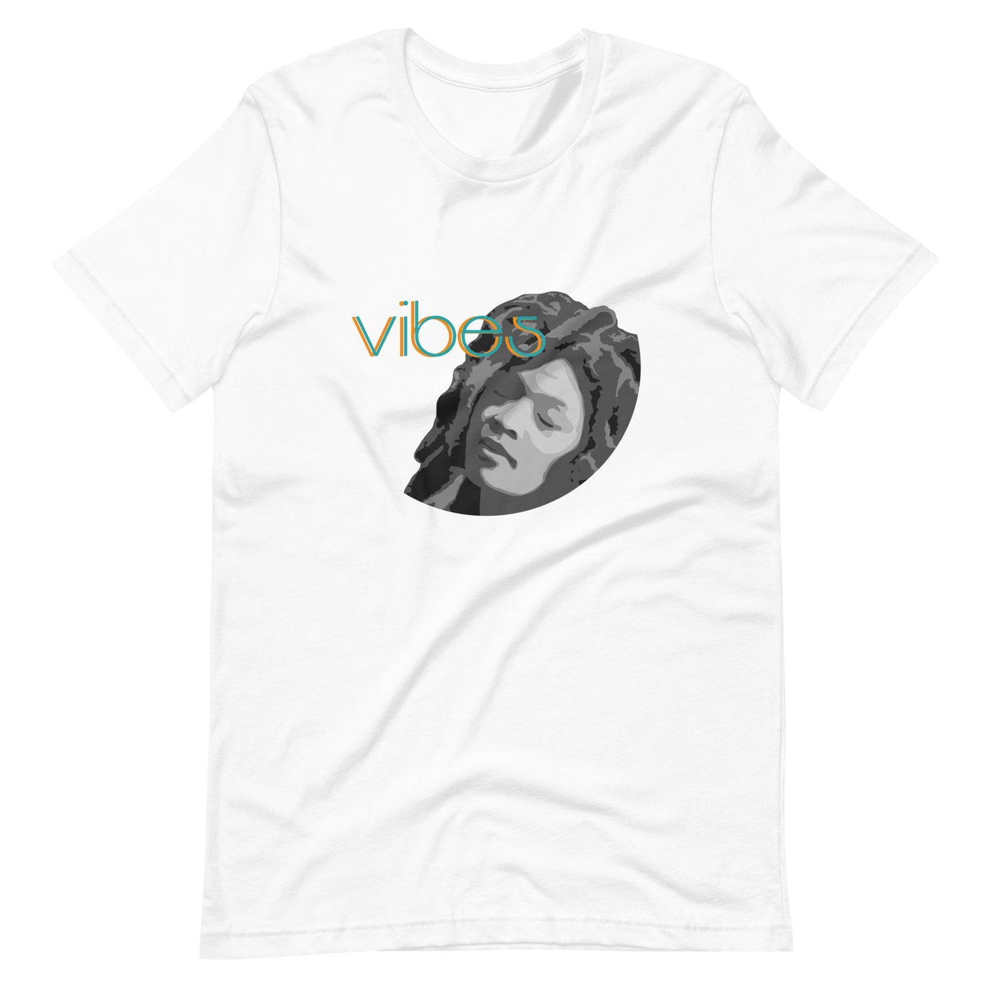 Cool Vibes Easy Listening graphic t-shirt. Front view of white t-shirt with a graphic of a dreamy looking black woman with text that says vibes.Product mockup