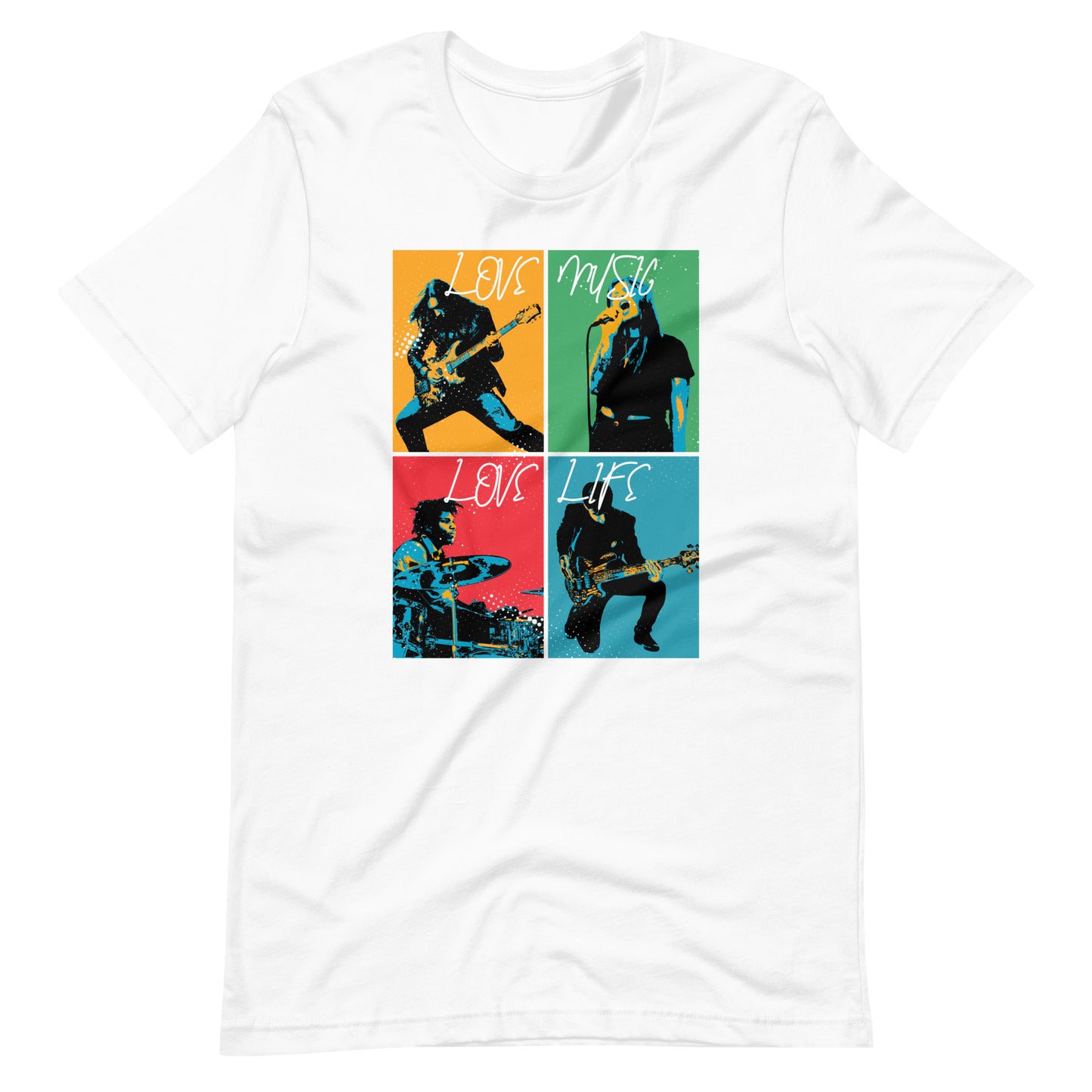 Love Music Love Life graphic t-shirt. Front view of white t-shirt with graphic of 4 musicians playing instruments.