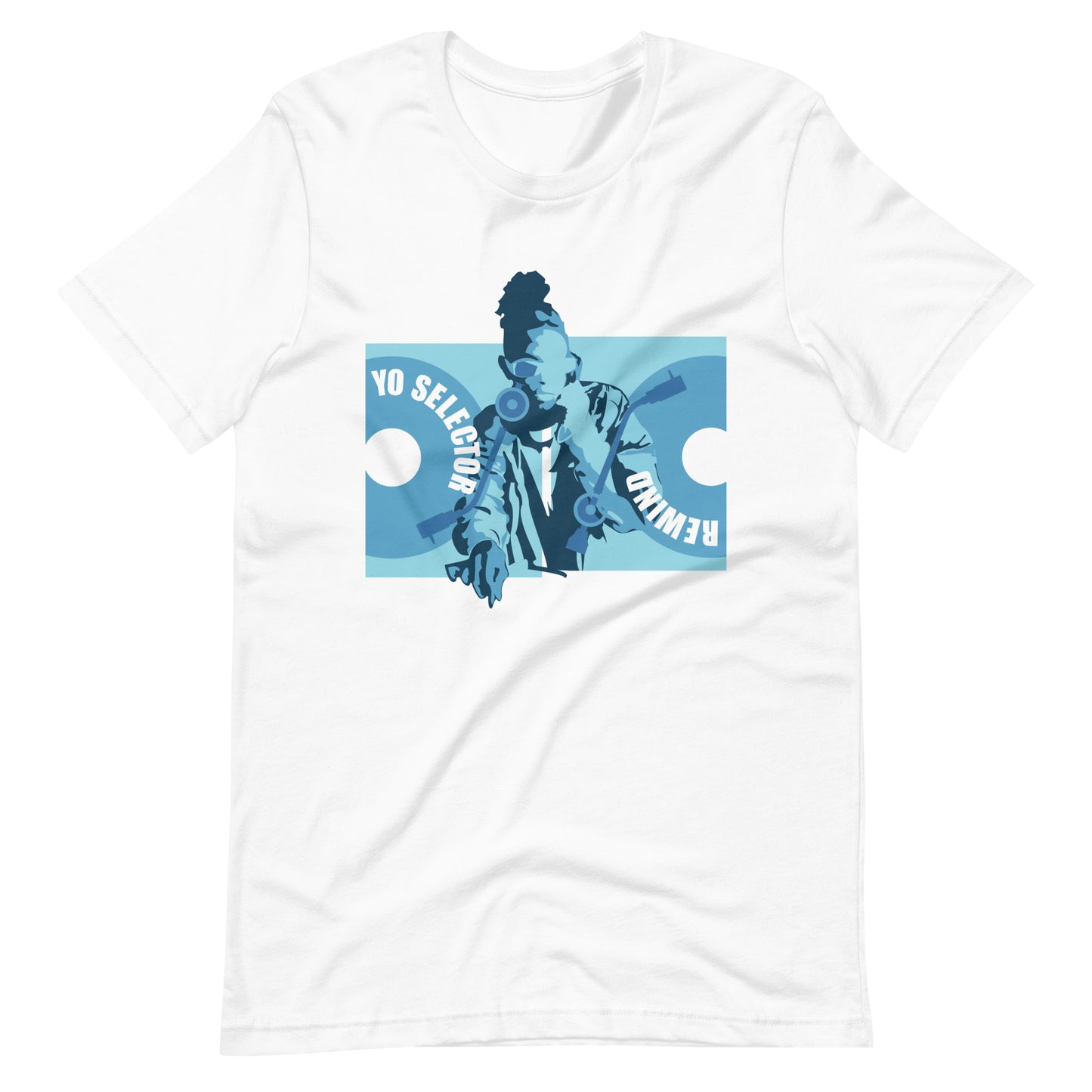 Rewind Selector From The Top graphic t-shirt. Front view of White t-shirt with a graphic of a DJ with 2 record decks.