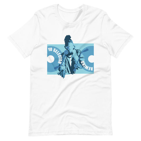 Rewind Selector From The Top graphic t-shirt. Front view of White t-shirt with a graphic of a DJ with 2 record decks.