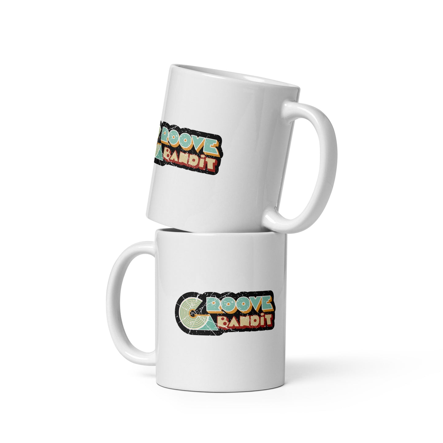 Groove Bandit vinyl records glossy white mug. Side view of 2 white mugs, one on top of the other. On the mugs is a graphic that says Groove Bandit.