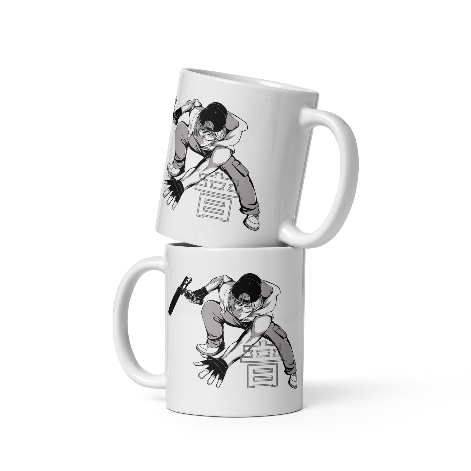 Kenji Manga Sound Man glossy white mug. Side view of 2 mugs one ontop of the other. On the mugs is a graphic of a Manga super hero.