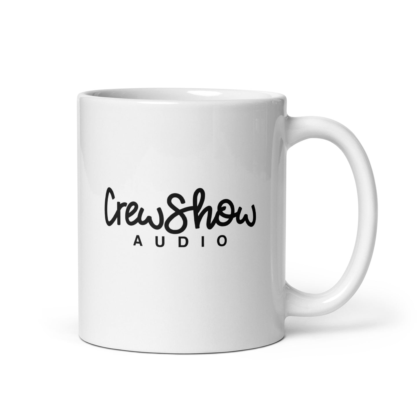 Crew Show Audio Script glossy white mug. Side view of white mug with a text graphic that says CrewShow AUDIO. The mug handle is on the right.