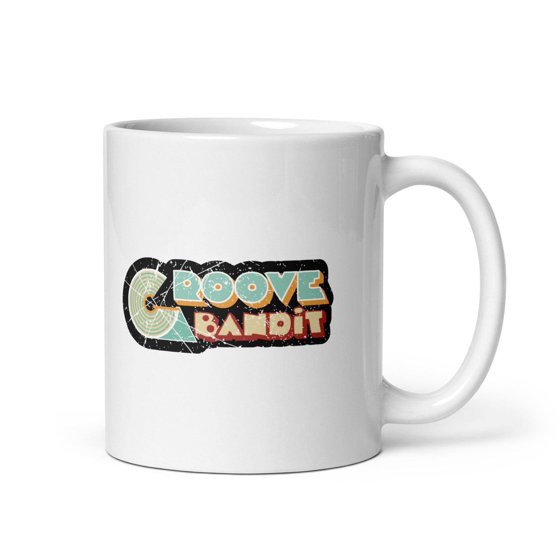 Groove Bandit vinyl records glossy white mug. Side view of a white mug with the handle to the right. on the mug is a graphic that says Groove Bandit.