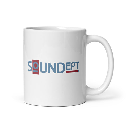 Crew Show Audio sound department No.1 mug. Side view of a white mug with the handle to the right. On the mug is a text graphic that says SOUNDept.