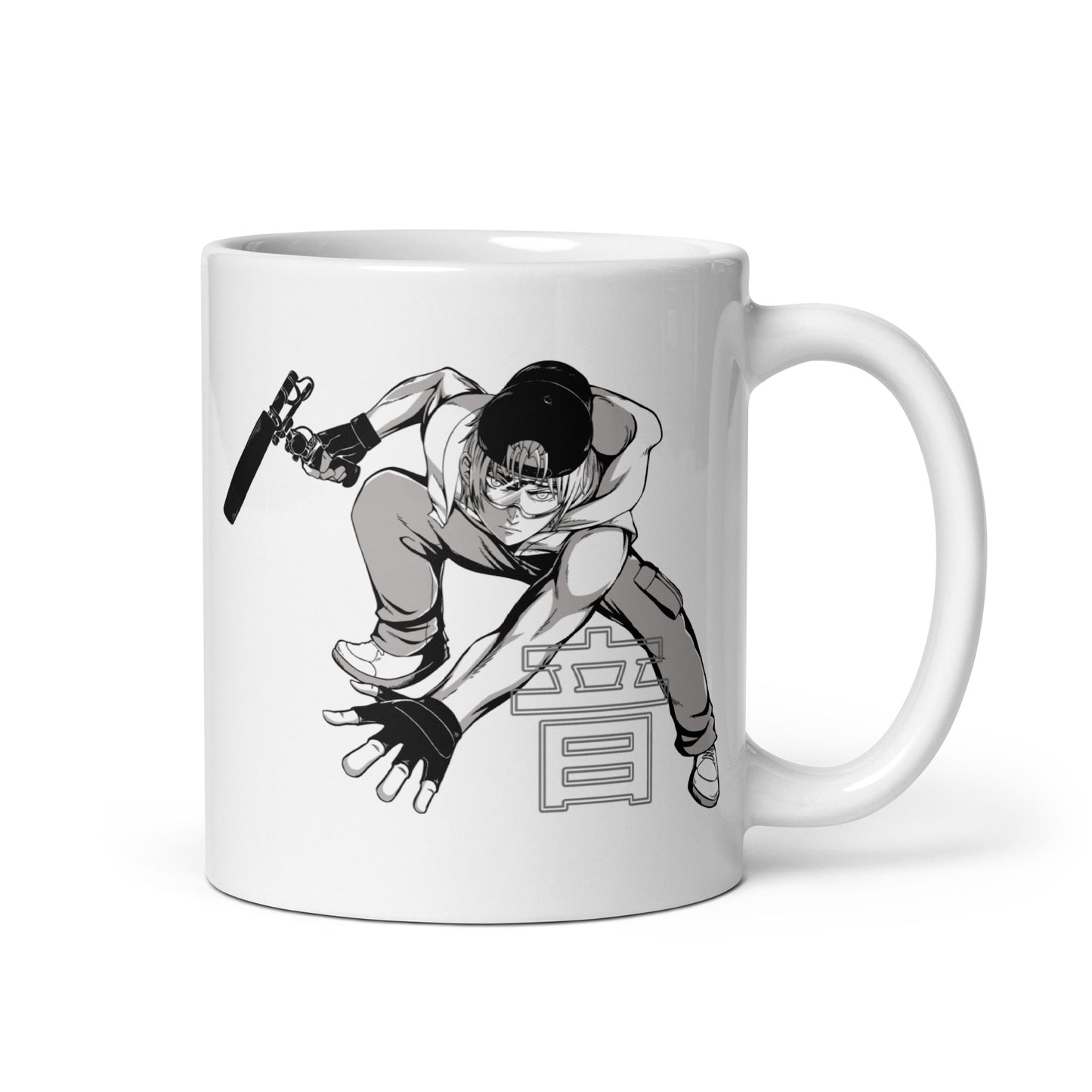 Kenji Manga Sound Man glossy white mug. Side view of white mug with handle to the right. On the mug is a graphic of a Manga super hero.